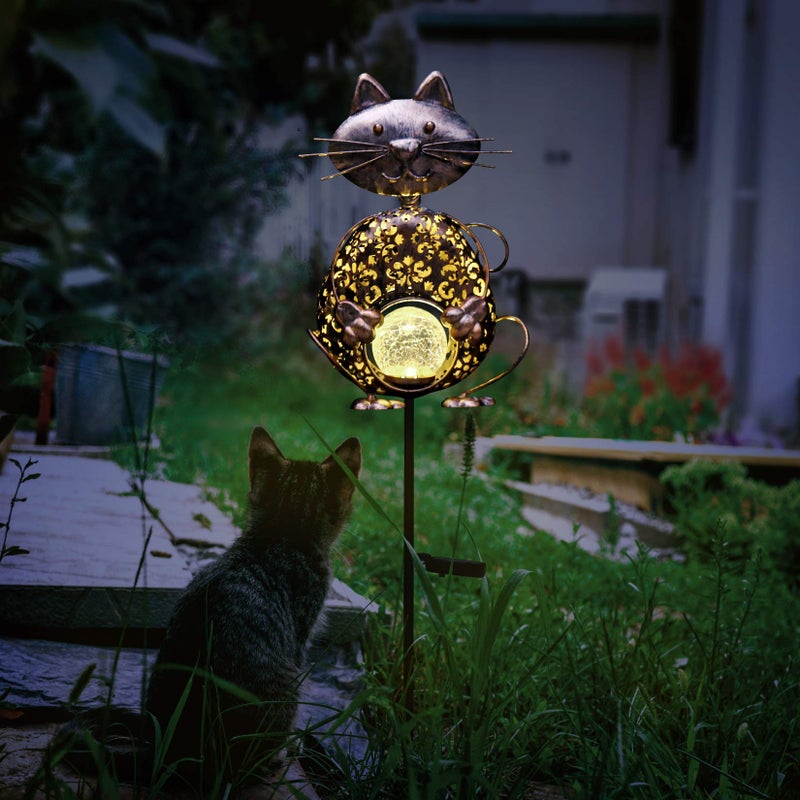 KAIXOXIN Garden Solar Lights Metal Cat Crackle Glass Globe Stake Light Waterproof Warm White LED Solar Path Lights (Cat-Bronze) - Image 3